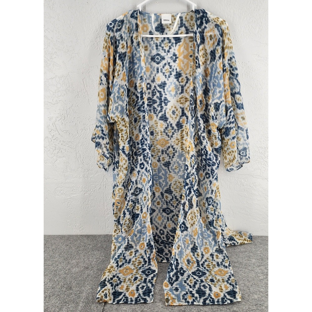 Sonoma Blue Yellow Ikat Print Sheer Longline Kimono Cardigan Coverup Womens OS